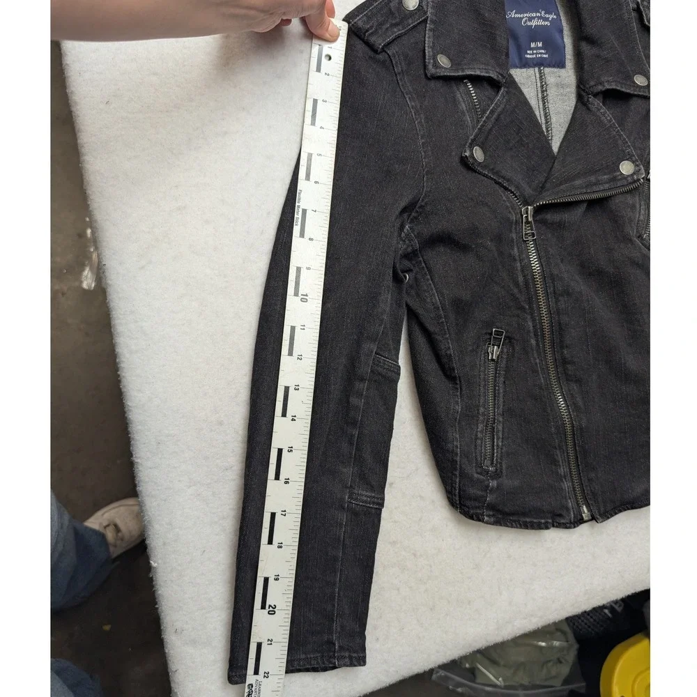 American Eagle Denim Moto Jacket Womens Medium Black Asymmetrical Zip Biker - Picture 7 of 9